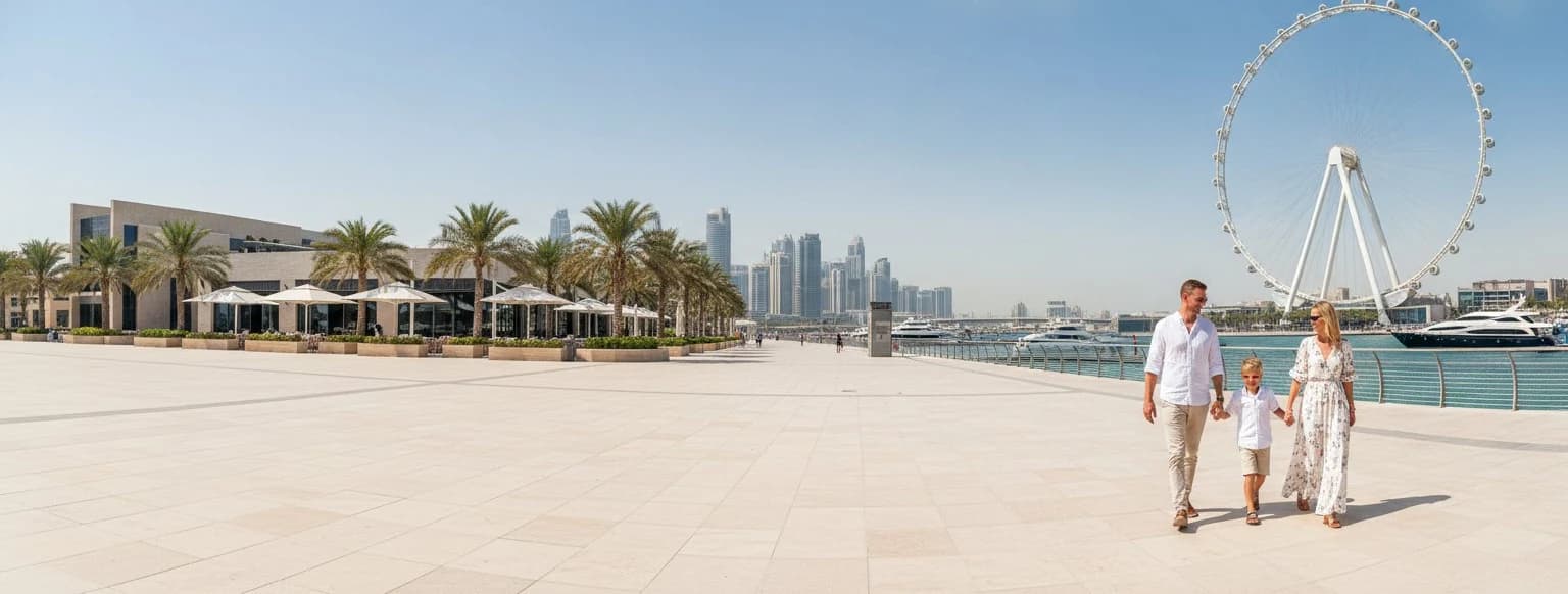 Семья гуляет по набережной Bluewaters в Дубае, на фоне колесо обозрения Ain Dubai